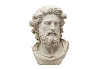 Isolated bust of mythical Greek god, a serene sculpture with flowing hair and beard detail