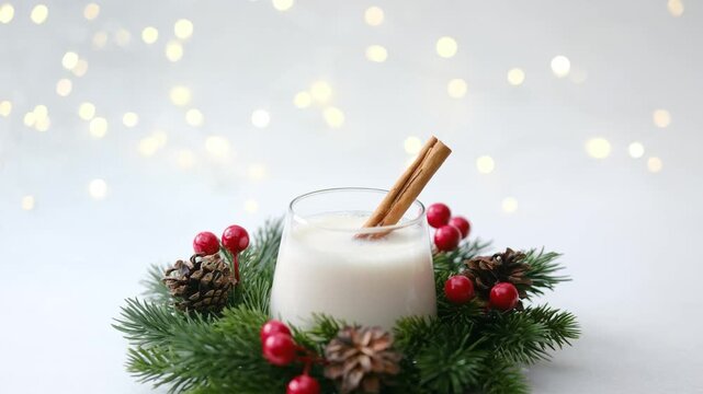 Creamy holiday drink in glass with cinnamon stick, surrounded by pine, berries, and pinecones.