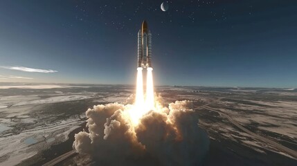 Dramatic Space Shuttle Launch at Twilight Over a Frozen Landscape Under a Starry Sky with a Crescent Moon