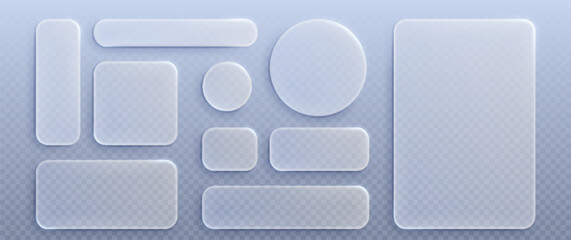 Transparent glass elements with liquid morphism effect for ui design and modern interfaces. Rounded rectangles, circles and buttons with frosted blur overlay. Glassmorphism components for web or app