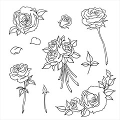 薔薇の白黒線画イラストセット