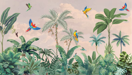 Bloomery Decor Wallpaper Murals, Tropical Forest, Mughal Garden Illustration © Sharif