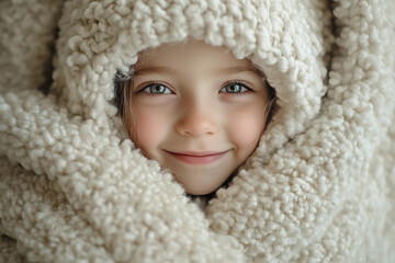 Adorable child dressed in fluffy cozy sheep-inspired costume smiling outdoors created with generative ai