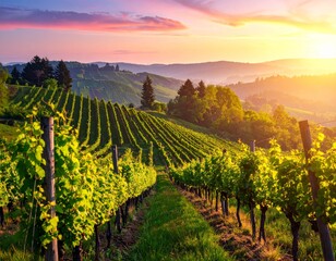 colorful vineyard in spring, landscape with hills, beautiful sunrise