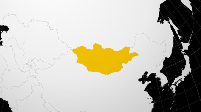 Mongolia map. Animated zoom into the country on the Globe in Black White color palette. Country logo animation. Map with meridians, parallels. Authentic video.