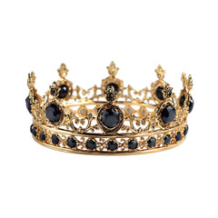 Ornate gold crown adorned with blue sapphires and diamonds isolated on transparent background