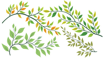 Collection of botanical leafy branch illustrations with green and orange leaves isolated on white background for natural decorative and eco design projects