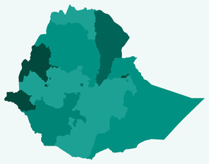 Map of Ethiopia with regions. Just a simple country border map with region division. Teal color palette. Flat Federal Democratic Republic of Ethiopia shape with administrative division.