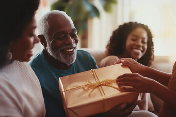 Elderly father’s special moment with his children. Gift exchange. Pov holiday scene.