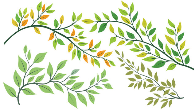 Collection of botanical leafy branch illustrations with green and orange leaves isolated on white background for natural decorative and eco design projects