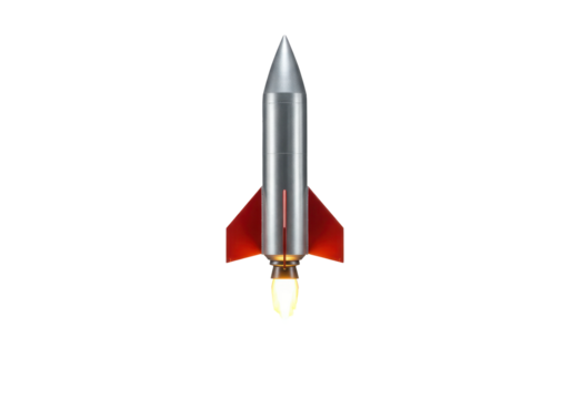 Isolated Model Rocket Launching Into Space Silver Rocket With Red Fins No Background