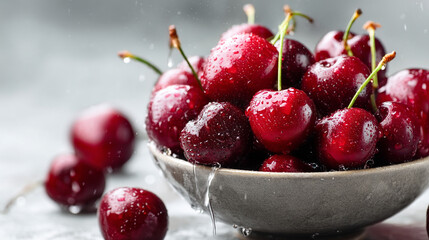 A close up shot of fresh red cherries in a bowl with water droplets on the surface