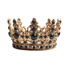 Ornate gold crown adorned with blue sapphires and diamonds isolated on transparent background