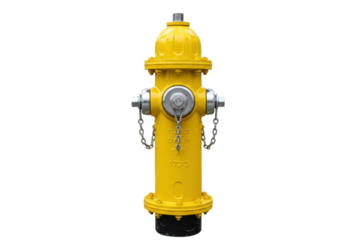 Isolated yellow fire hydrant for water supply with metal chains on street ready to use
