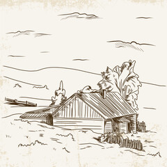 Hand-drawn landscape in vintage style with a wooden house and trees on a light background with texture.
