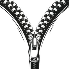 Detailed artistic close-up of an open zipper with black and white checkered teeth