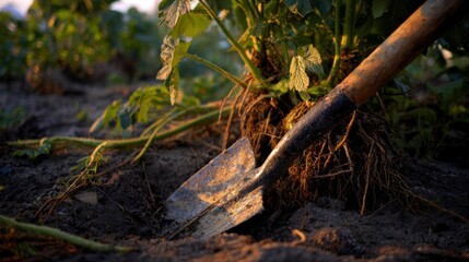 Fototapeta premium Shovel in garden soil