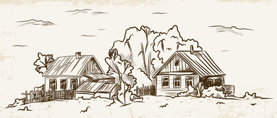 Hand-drawn landscape in vintage style with wooden houses, an old fence and trees on a light background with texture.