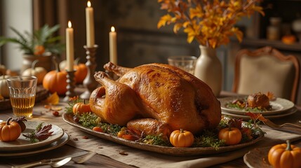 Thanksgiving Dinner Table with Roasted Turkey Pumpkins and Candles Festive Atmosphere