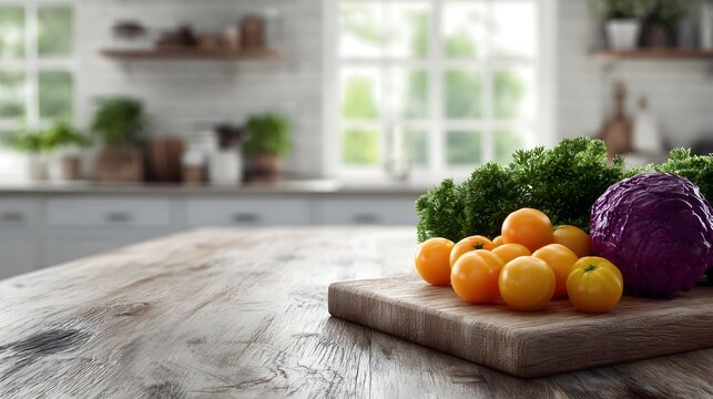 Fresh vegetables and fruits like red cabbage tomatoes and greens on a cutting board on a rustic wooden table in a bright kitchen