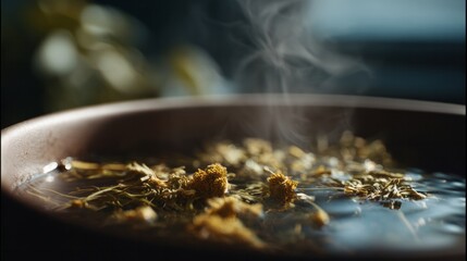 Steaming marigold petals in earthen bowl, soothing infusion ritual, Imbolc healing ceremony, aromatic floral tranquility, spa essence
