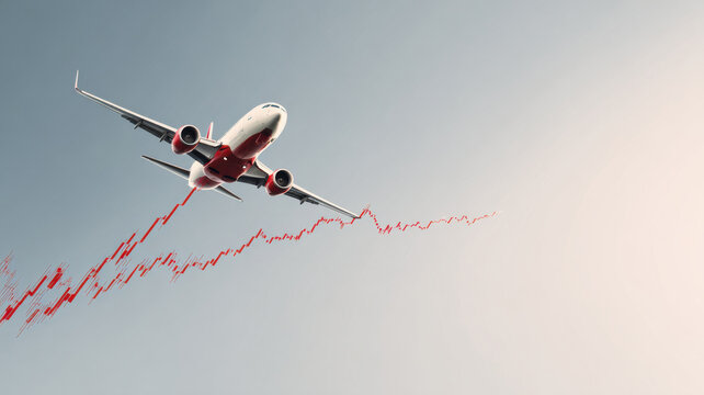 An airplane flying with upward-trending line graphic