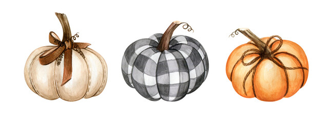 Watercolor illustrations set of halloween fabric pumpkins with a bow isolated on white background, Thanksgiving, Halloween clipart for cards, invitations, posters, stickers, print.