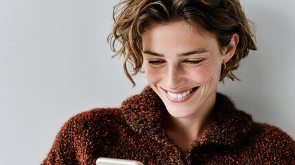 Smiling Caucasian woman joyfully reads heartwarming text, sweater-clad serenity, embracing whimsical warmth on World Friendship Day
