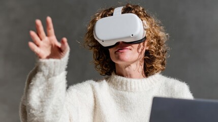 Virtual reality exploration captivates young Caucasian woman, embodying tech innovation and Cyber Monday immersive experiences, digital frontier vibes