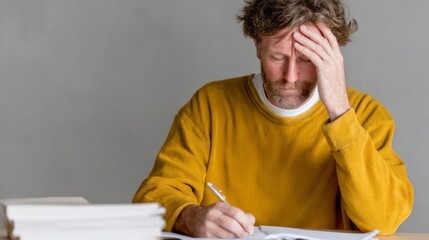 A pensive Caucasian man contemplates creative chaos in writer's block, amidst National Novel Writing Month and Festivus musings