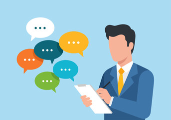 Businessman collecting feedback with speech bubbles