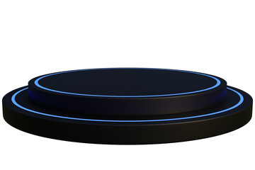Black podium, black background with neon lights for showcasing premium modern technology products. 3D illustration.