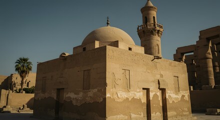 Ancient, weathered sandstone structure with dome, minaret, and surrounding ruins under clear sky