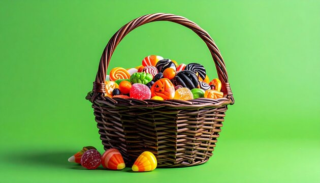 Woven basket filled with a vibrant mix of assorted Halloween candies, perfect for trick or treat celebrations, isolated against a bright green screen backdrop - Powered by Adobe