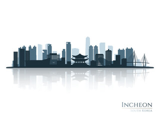 Incheon skyline silhouette with reflection. Landscape Incheon, South Korea. Vector illustration.