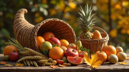 Cornucopia Basket with Fruits Vegetables and Wheat Golden Hour Harvest Scene