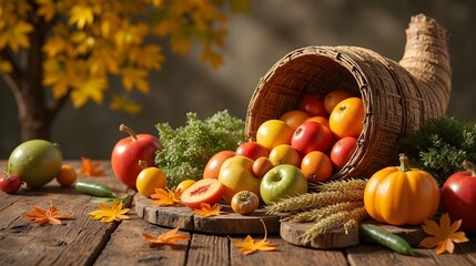 Cornucopia Basket with Fruits Vegetables and Wheat Golden Hour Harvest Scene