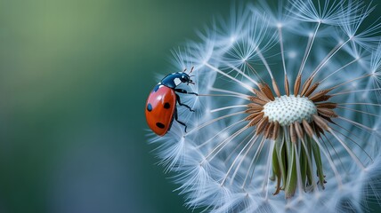Ladybug on Dandelion Seed Head Nature Macro Photography