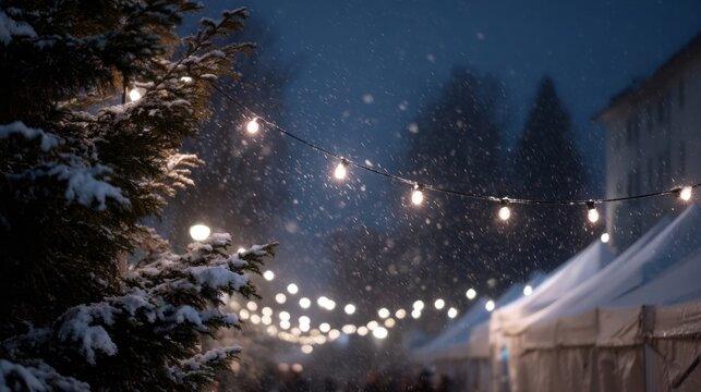Twinkling fairy lights hover over snow-laden tents, evoking Yuletide warmth and wintry festivity at the Scandinavian julemarked