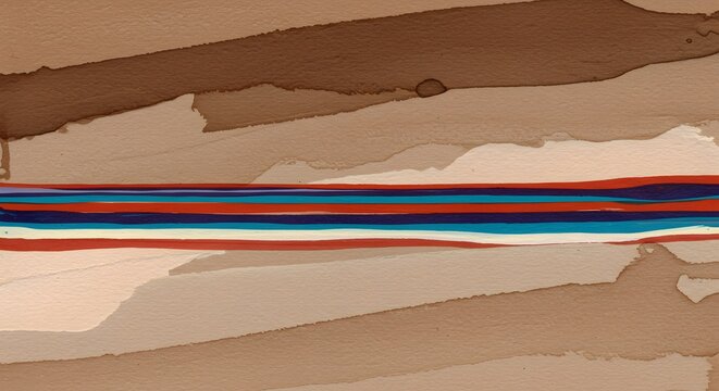 Abstract watercolor painting with streaks of brown and colorful stripes across a pale backdrop