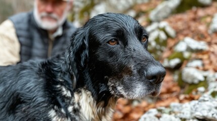 Wet-coated dog braves rustic hills with rugged elder companion, ideal for National Dog Day or hiking escapades