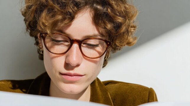 A young Caucasian woman in vintage glasses, absorbed in a novel's morning sunlit pages, evokes Book Lovers Day