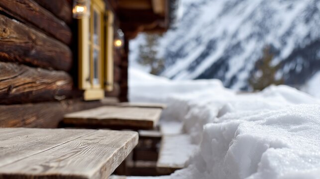 Log cabin nestled in pristine snow drifts, evoking winter solstice tranquility and rustic hygge charm amidst alpine serenity