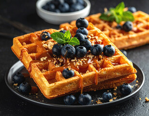 Homemades waffles with fresh blueberries