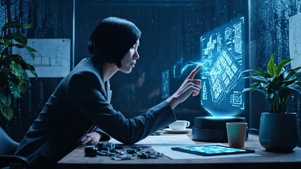 Woman touches hologram of building model. Architect studies computer display. Technology and innovation inform design and architecture decisions. Touchscreen interface shows 3d project in office. - Powered by Adobe