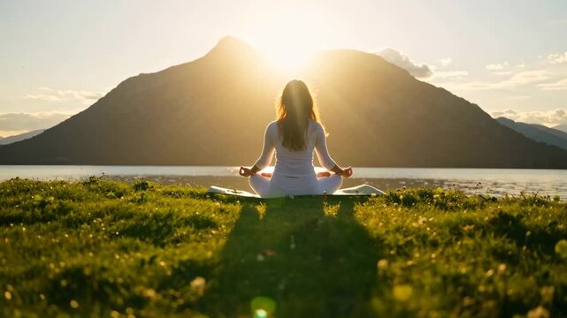 a woman is sitting on the shore of a lake.A young woman meditates at dawn against the backdrop of a mountain with a panoramic view