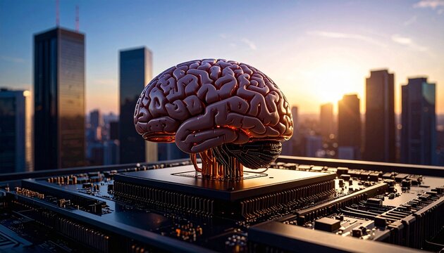 Generated image. The human brain is connected in a chipset. Illustration for artifficial intellegence