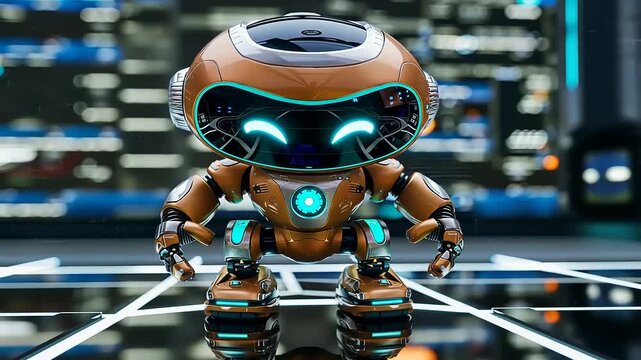 Futuristic humanoid robot standing on a platform, technology and artificial intelligence