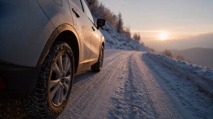 Silver SUV treks through frosty wilderness at dawn, evoking Solstice wanderlust and Siberian Road Trip Day celebrations