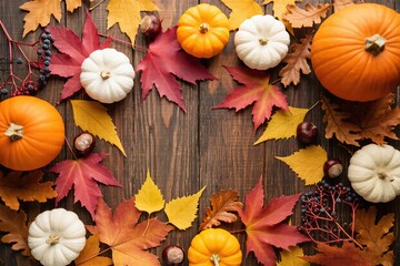 An exquisite and beautiful display showcasing pumpkins along with vibrant, colorful fall leaves on a wooden backdrop